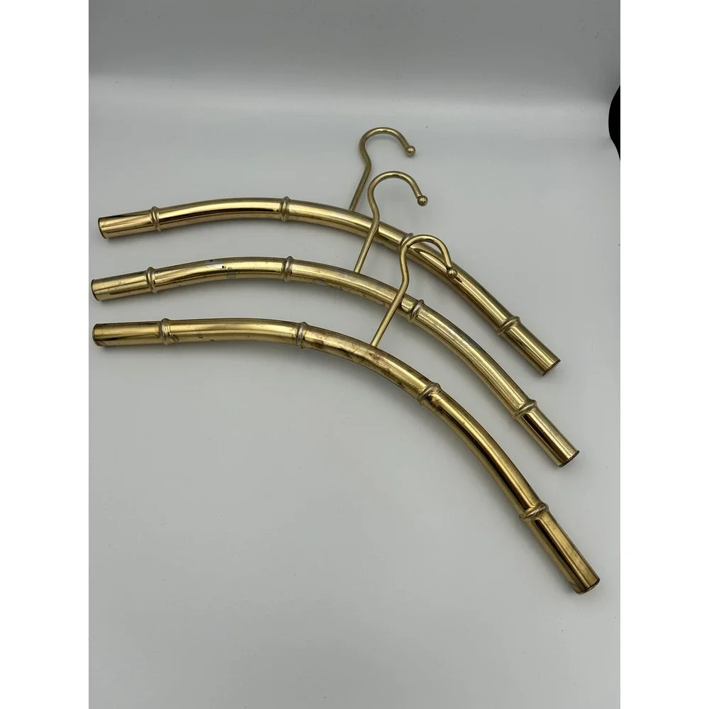 Vintage Brass Faux Bamboo Hangers Set of 3 Hollywood Regency Gold Metal Curved